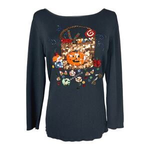 Sweaterworks Halloween Sequin Long Sleeve Knit Top Black Sz Small